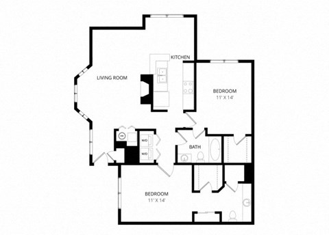 Floor plan for 2 beds, 2 baths, 1100 sqft